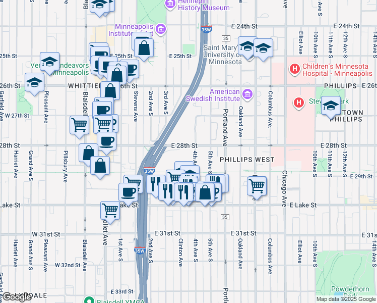 map of restaurants, bars, coffee shops, grocery stores, and more near 2757 Clinton Avenue in Minneapolis