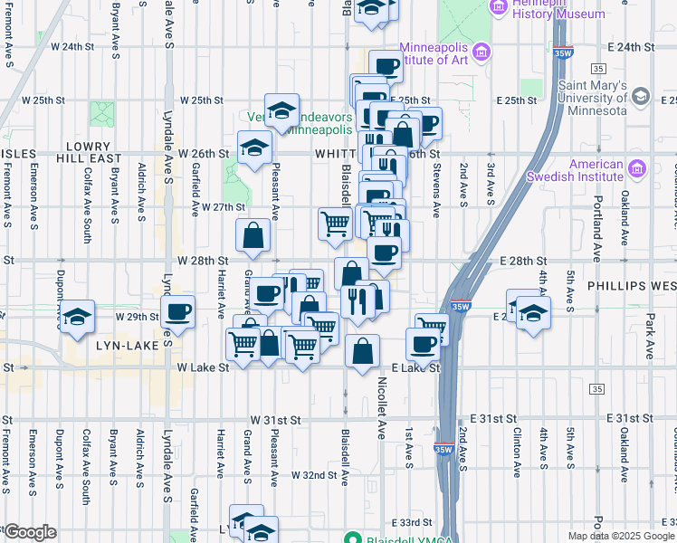 map of restaurants, bars, coffee shops, grocery stores, and more near 116 West 28th Street in Minneapolis