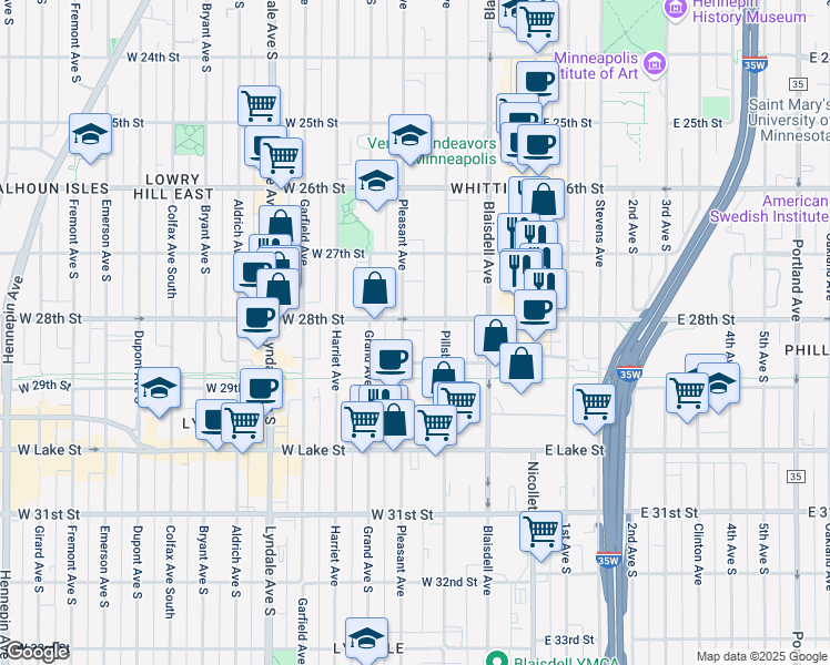 map of restaurants, bars, coffee shops, grocery stores, and more near 2750 Pillsbury Avenue in Minneapolis