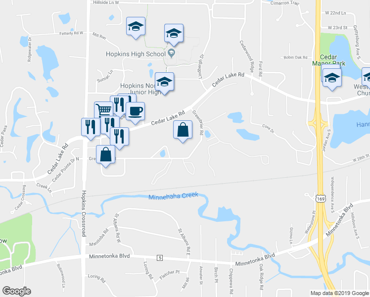 map of restaurants, bars, coffee shops, grocery stores, and more near 10501 Cedar Lake Road in Hopkins