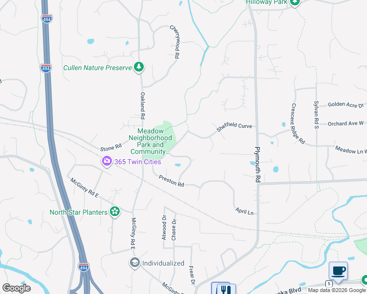 map of restaurants, bars, coffee shops, grocery stores, and more near 13304 Stone Road in Hopkins