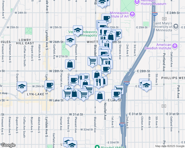 map of restaurants, bars, coffee shops, grocery stores, and more near 2804 Blaisdell Avenue in Minneapolis