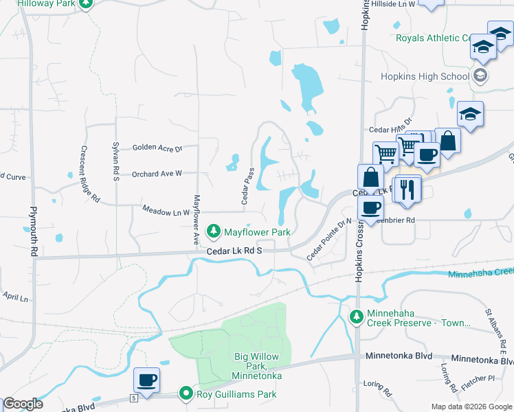 map of restaurants, bars, coffee shops, grocery stores, and more near 11677 Cedar Pass in Hopkins