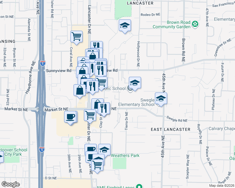 map of restaurants, bars, coffee shops, grocery stores, and more near 4151 Market Street Northeast in Salem
