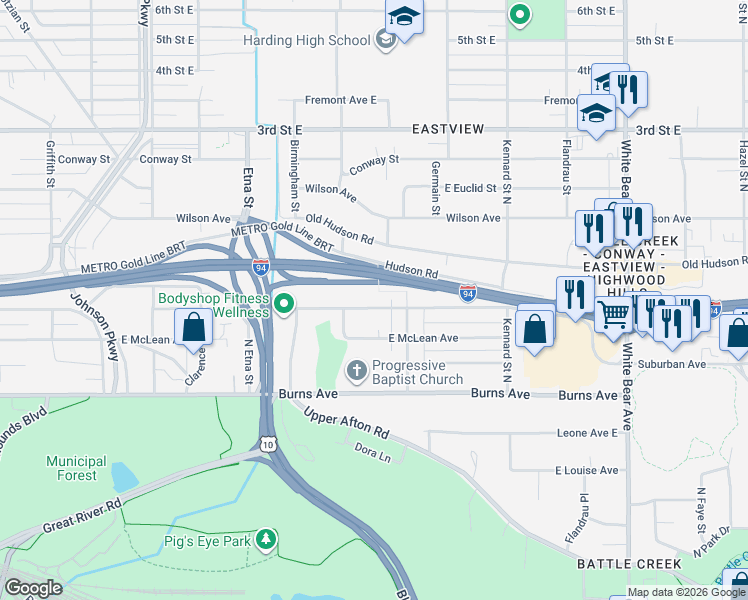 map of restaurants, bars, coffee shops, grocery stores, and more near 1521 Pacific Street in Saint Paul
