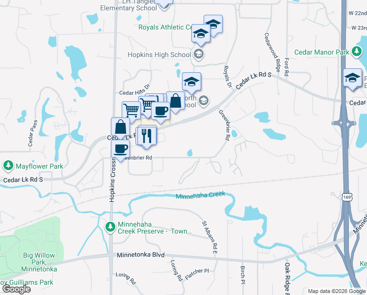 map of restaurants, bars, coffee shops, grocery stores, and more near 10531 Cedar Lake Road in Hopkins