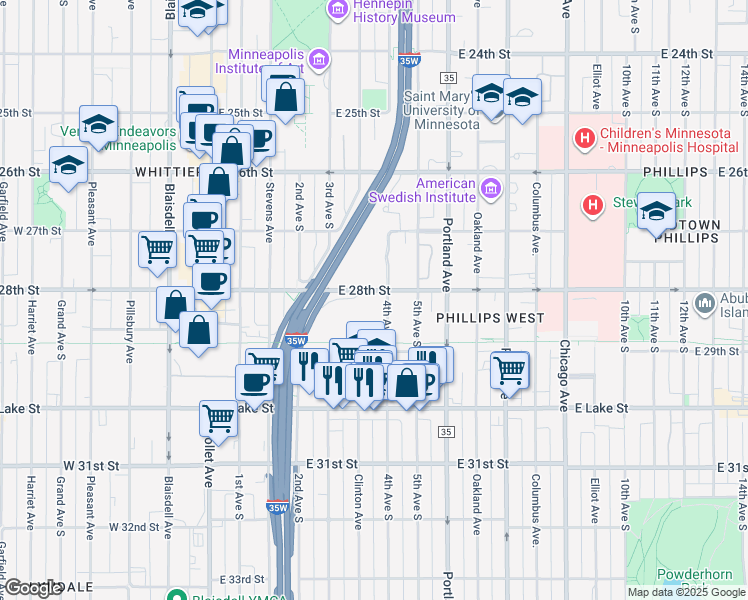 map of restaurants, bars, coffee shops, grocery stores, and more near 2757 Clinton Avenue in Minneapolis
