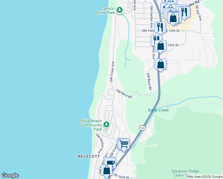 map of restaurants, bars, coffee shops, grocery stores, and more near 2255 Southwest Coast Avenue in Lincoln City