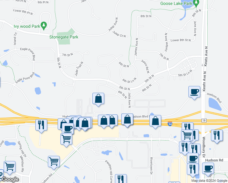 map of restaurants, bars, coffee shops, grocery stores, and more near 9450 Hudson Boulevard North in Lake Elmo