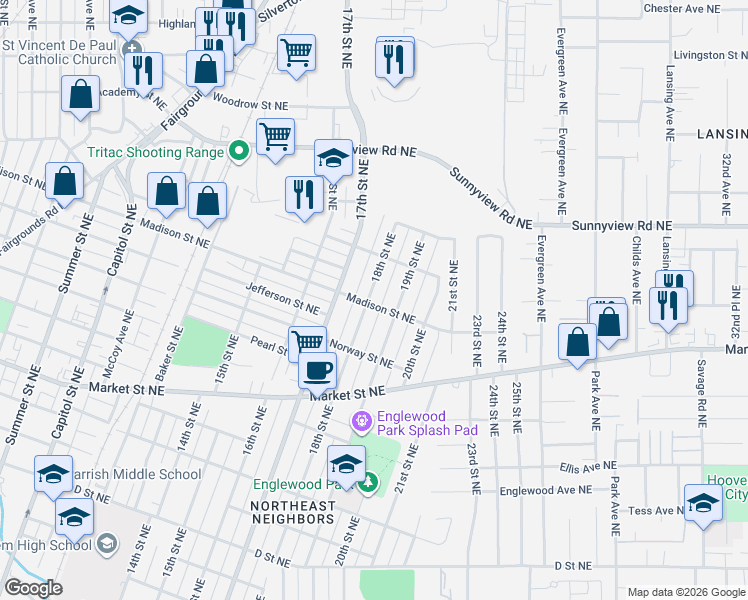 map of restaurants, bars, coffee shops, grocery stores, and more near 1845 18th Street Northeast in Salem