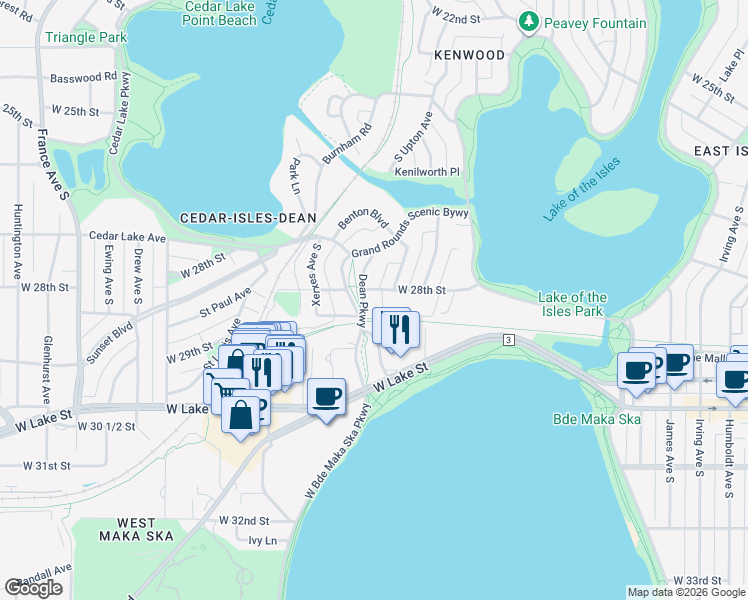 map of restaurants, bars, coffee shops, grocery stores, and more near 2807 Dean Parkway in Minneapolis