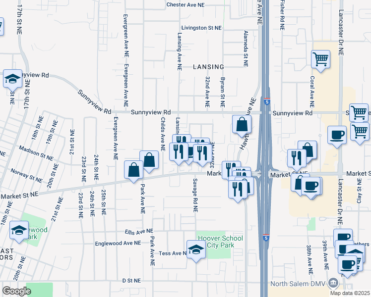 map of restaurants, bars, coffee shops, grocery stores, and more near 1823 31st Avenue Northeast in Salem