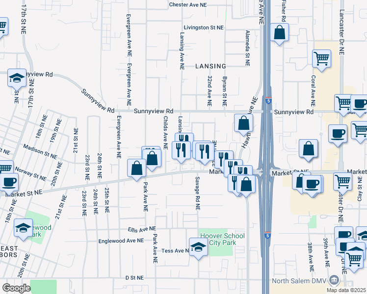 map of restaurants, bars, coffee shops, grocery stores, and more near 1823 31st Avenue Northeast in Salem