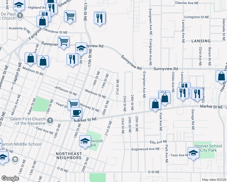 map of restaurants, bars, coffee shops, grocery stores, and more near 1912 20th Street Northeast in Salem