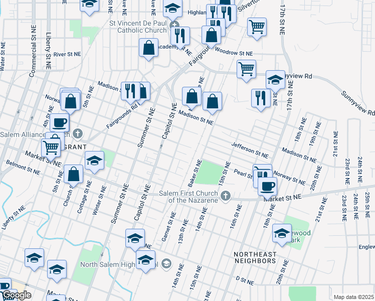 map of restaurants, bars, coffee shops, grocery stores, and more near 1170 Norway Street Northeast in Salem
