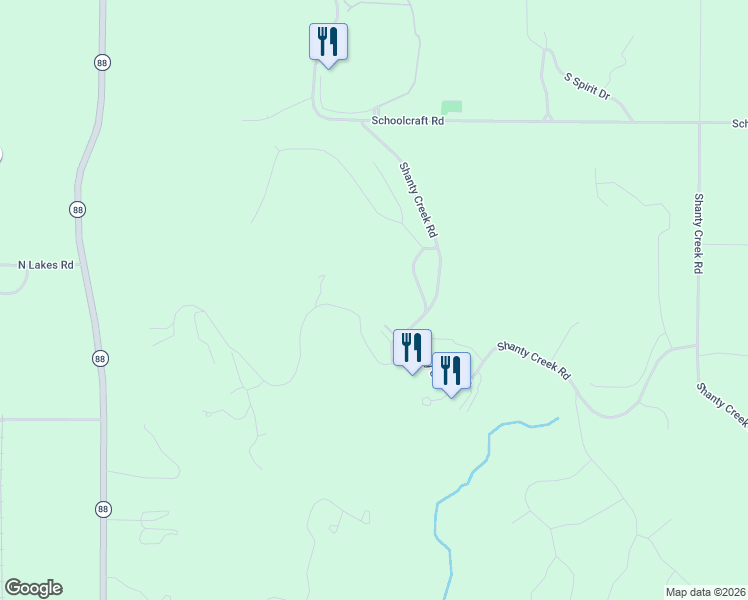 map of restaurants, bars, coffee shops, grocery stores, and more near 5666 Shanty Creek Road in Bellaire