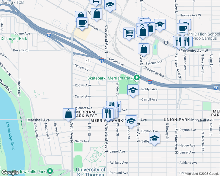 map of restaurants, bars, coffee shops, grocery stores, and more near in Saint Paul