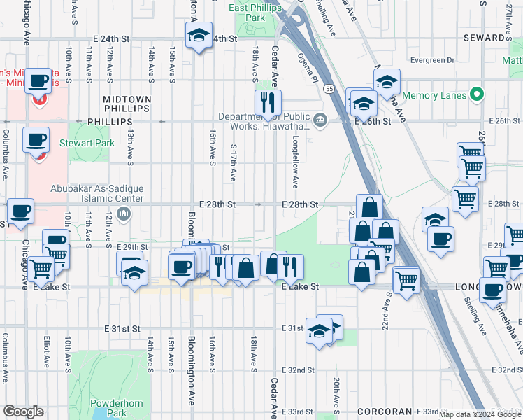 map of restaurants, bars, coffee shops, grocery stores, and more near 2800 Cedar Avenue in Minneapolis