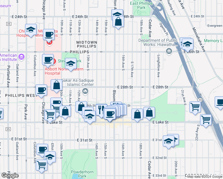 map of restaurants, bars, coffee shops, grocery stores, and more near 1511 East 28th Street in Minneapolis