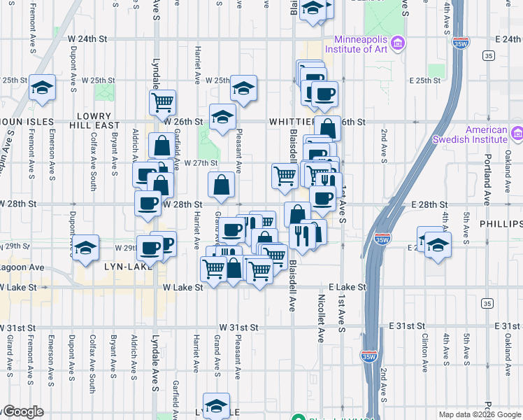 map of restaurants, bars, coffee shops, grocery stores, and more near 2750 Pillsbury Avenue in Minneapolis