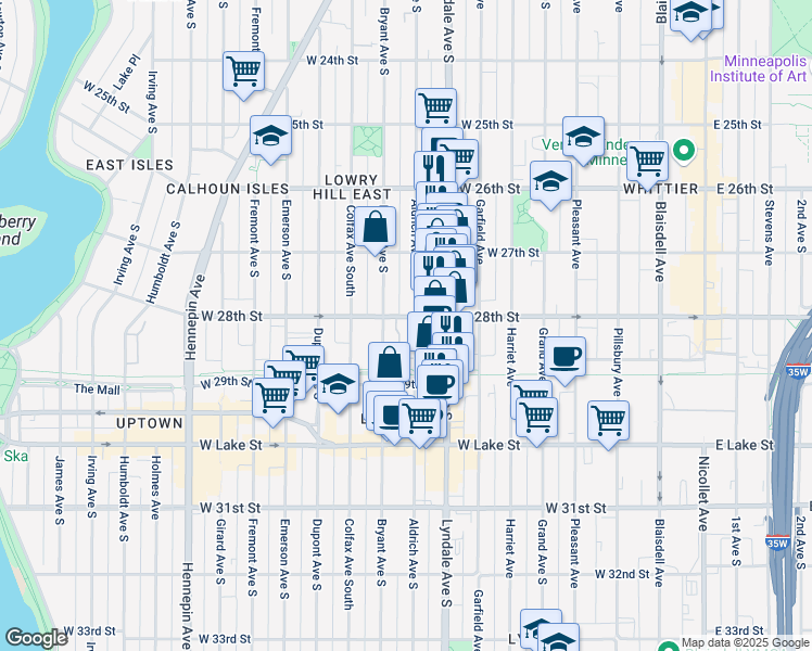 map of restaurants, bars, coffee shops, grocery stores, and more near 2756 Aldrich Avenue South in Minneapolis