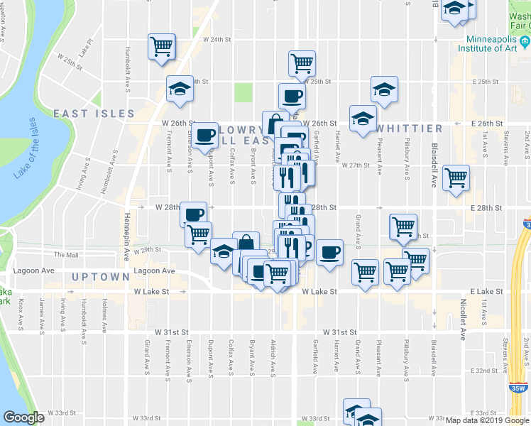 map of restaurants, bars, coffee shops, grocery stores, and more near 2756 Aldrich Avenue South in Minneapolis