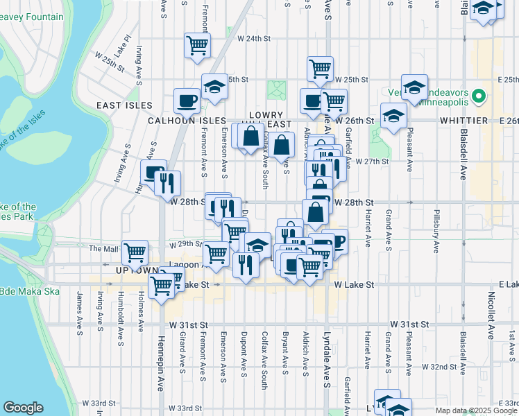 map of restaurants, bars, coffee shops, grocery stores, and more near in Minneapolis