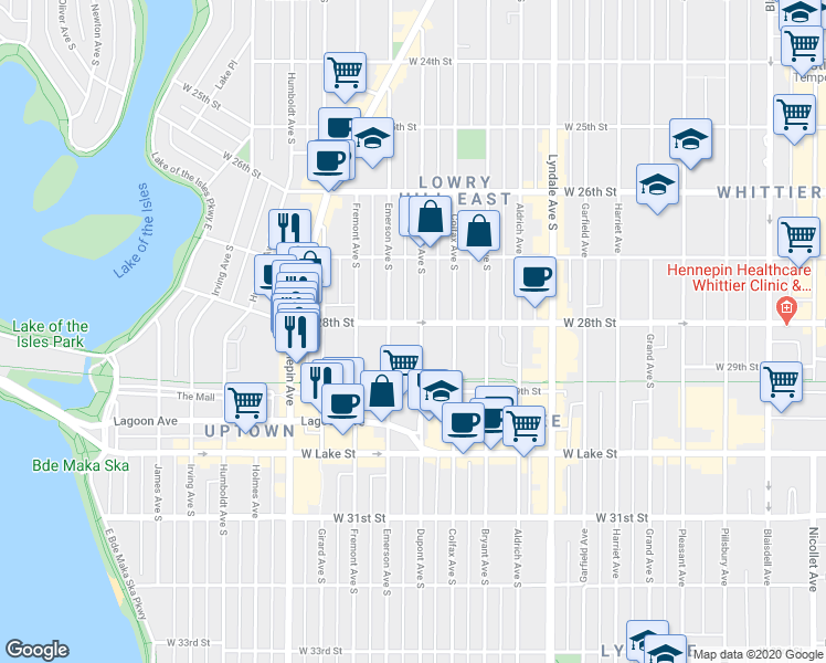 map of restaurants, bars, coffee shops, grocery stores, and more near 2755 Emerson Avenue South in Minneapolis