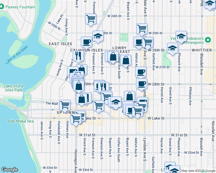 map of restaurants, bars, coffee shops, grocery stores, and more near 2755 Emerson Avenue South in Minneapolis