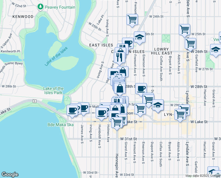 map of restaurants, bars, coffee shops, grocery stores, and more near 1501 West 28th Street in Minneapolis