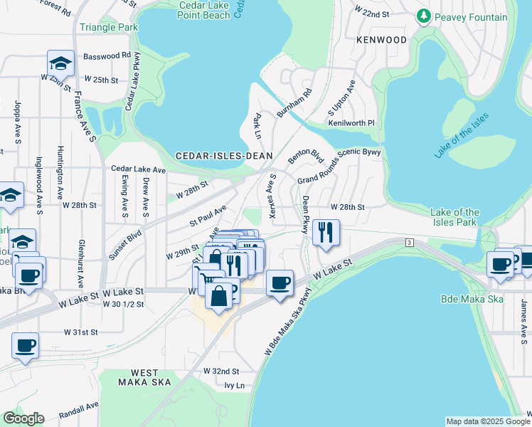 map of restaurants, bars, coffee shops, grocery stores, and more near 3112 West 28th Street in Minneapolis