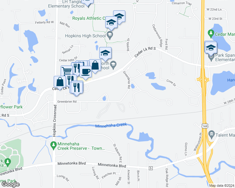map of restaurants, bars, coffee shops, grocery stores, and more near 10501 Cedar Lake Road in Hopkins