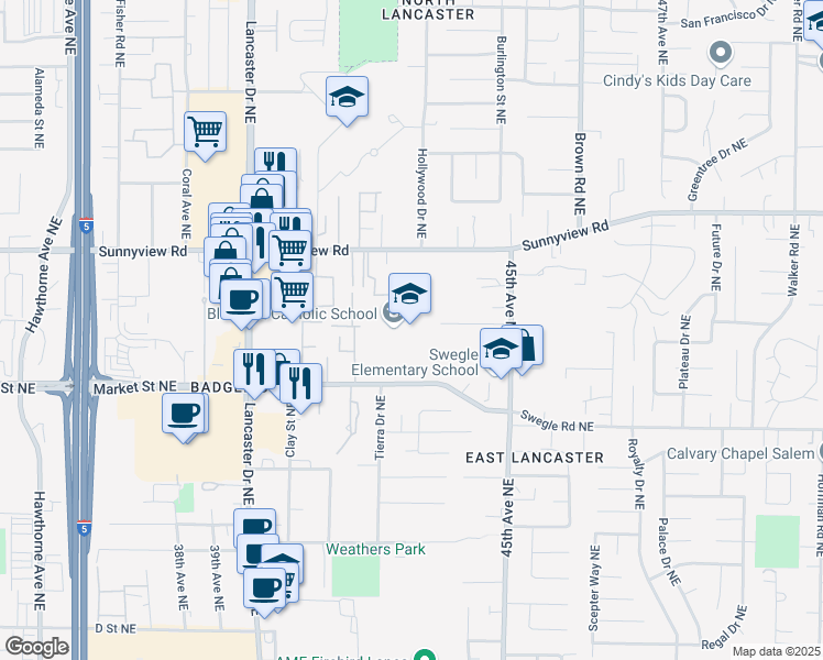 map of restaurants, bars, coffee shops, grocery stores, and more near 4373 Market Street Northeast in Salem