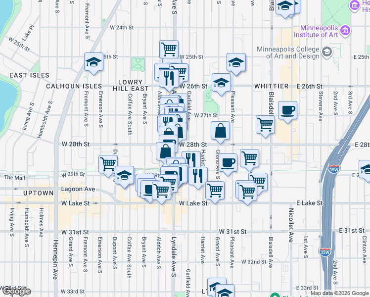 map of restaurants, bars, coffee shops, grocery stores, and more near 607 West 28th Street in Minneapolis