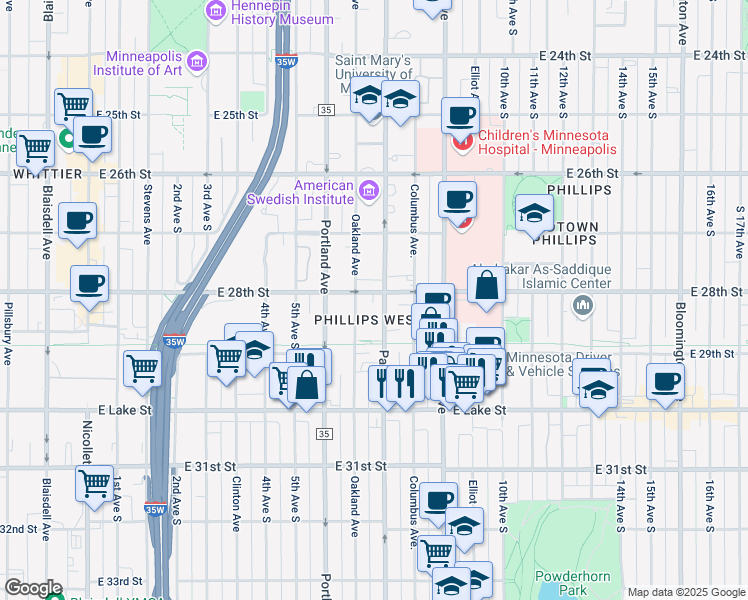 map of restaurants, bars, coffee shops, grocery stores, and more near 629 East 28th Street in Minneapolis