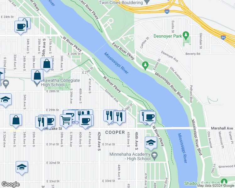map of restaurants, bars, coffee shops, grocery stores, and more near 2820 West River Parkway in Minneapolis
