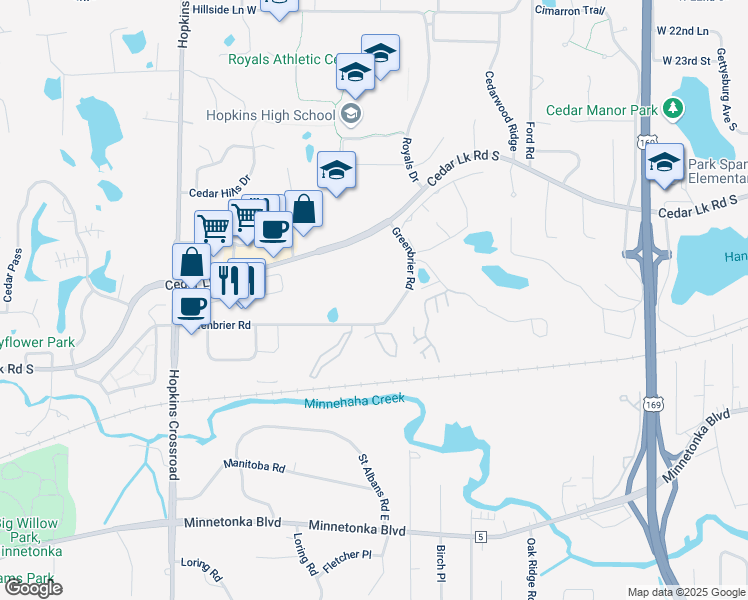 map of restaurants, bars, coffee shops, grocery stores, and more near 10501 Cedar Lake Road in Minnetonka