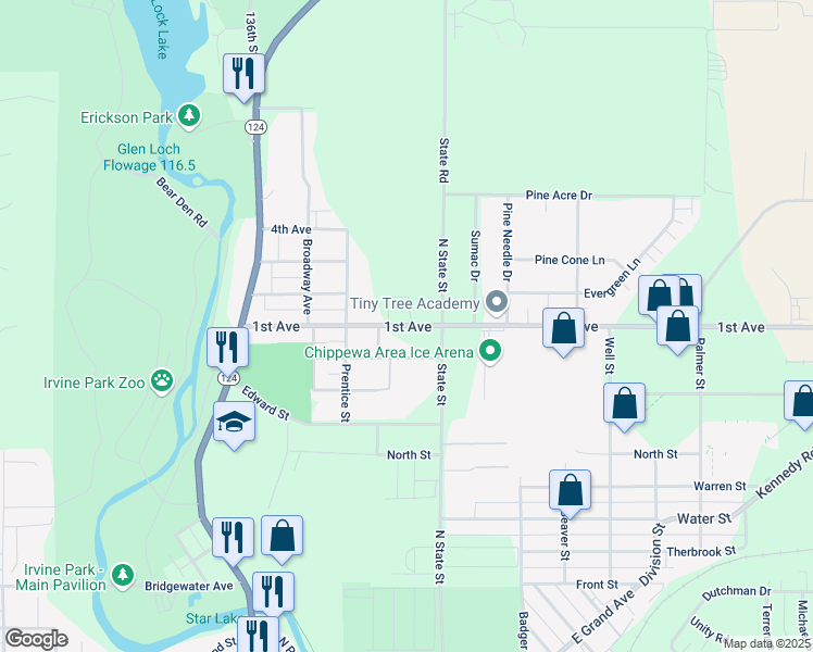 map of restaurants, bars, coffee shops, grocery stores, and more near 611 1st Avenue in Chippewa Falls