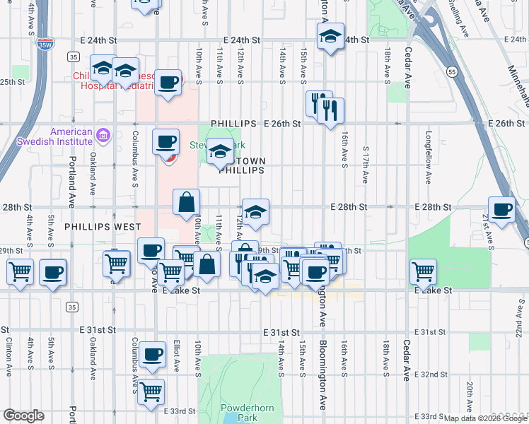 map of restaurants, bars, coffee shops, grocery stores, and more near 2746 13th Avenue South in Minneapolis
