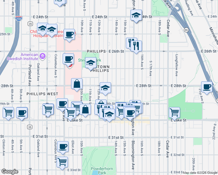 map of restaurants, bars, coffee shops, grocery stores, and more near 2746 13th Avenue South in Minneapolis