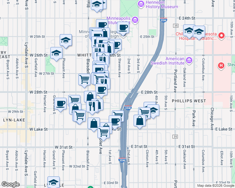 map of restaurants, bars, coffee shops, grocery stores, and more near 101 East 28th Street in Minneapolis