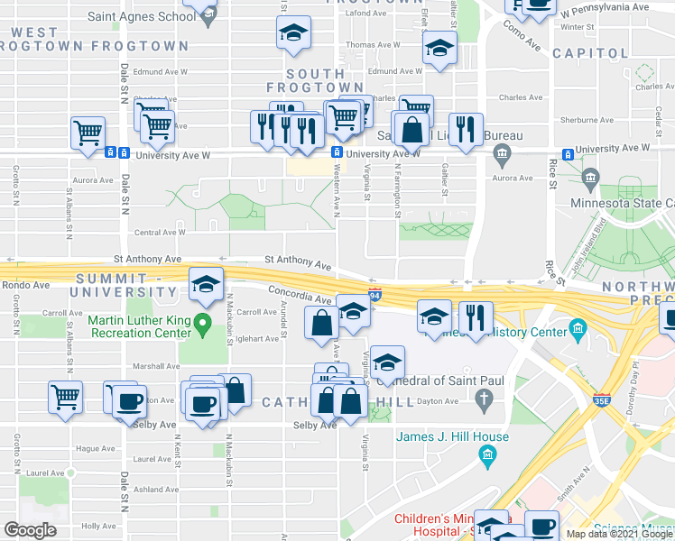 map of restaurants, bars, coffee shops, grocery stores, and more near Saint Anthony Avenue in Saint Paul
