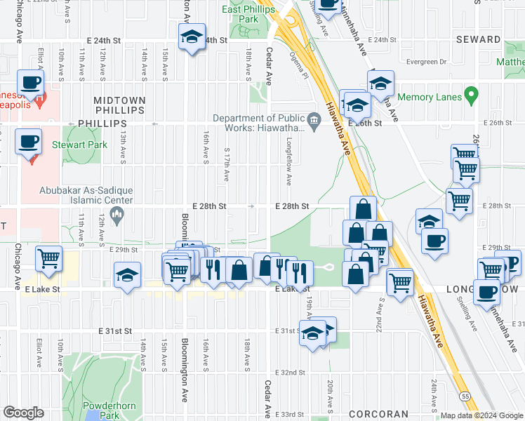 map of restaurants, bars, coffee shops, grocery stores, and more near 2800 Cedar Avenue in Minneapolis