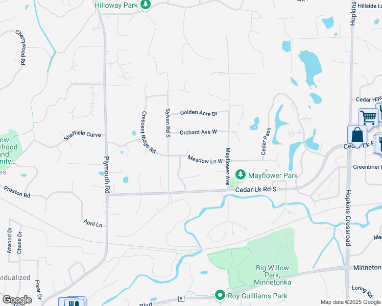 map of restaurants, bars, coffee shops, grocery stores, and more near 2720 Westridge Circle in Hopkins