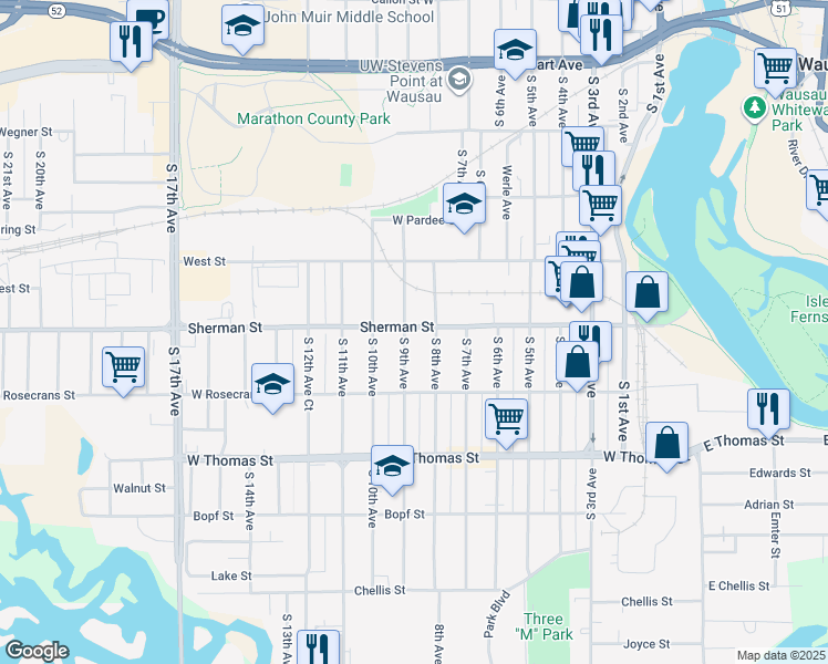 map of restaurants, bars, coffee shops, grocery stores, and more near 811 Sherman Street in Wausau