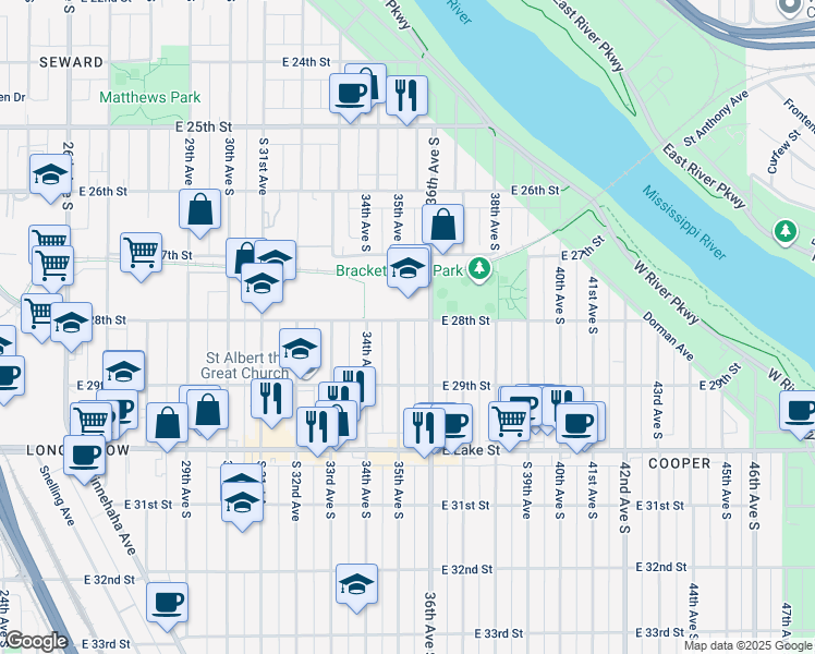 map of restaurants, bars, coffee shops, grocery stores, and more near 2800 35th Avenue South in Minneapolis