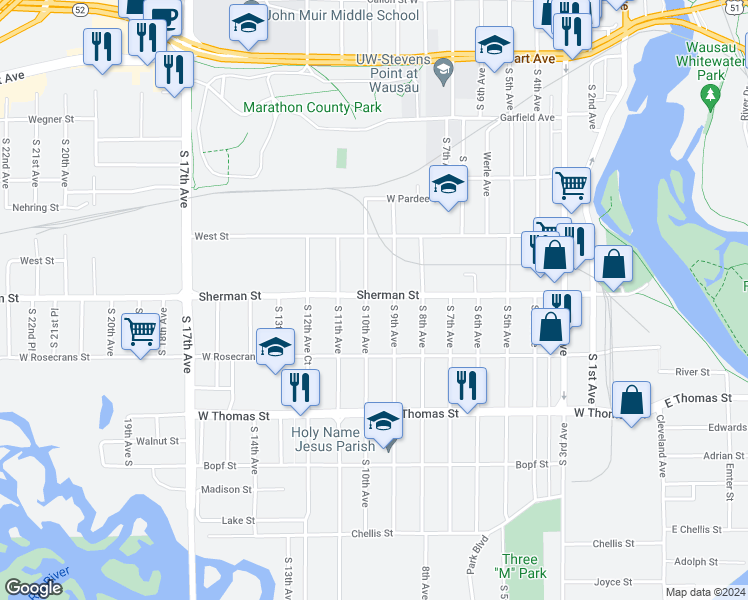 map of restaurants, bars, coffee shops, grocery stores, and more near 901 South 10th Avenue in Wausau