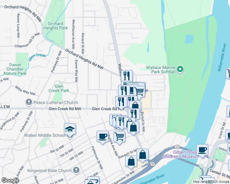 map of restaurants, bars, coffee shops, grocery stores, and more near 690 Taybin Road Northwest in Salem