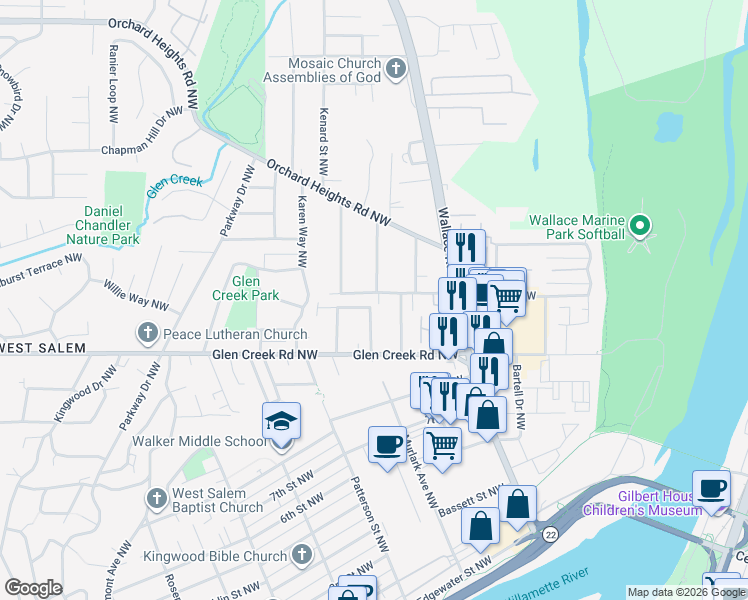 map of restaurants, bars, coffee shops, grocery stores, and more near 810 Taybin Road Northwest in Salem