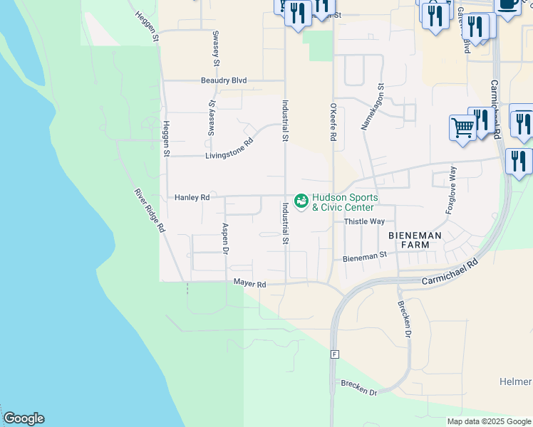 map of restaurants, bars, coffee shops, grocery stores, and more near 1609 Pinewood Lane in Hudson